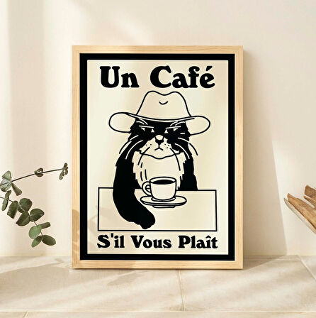 Fransız Kafe Kedi Baskısı, Retro İçecek Posteri, Kovboy Kedi Kahve Posterleri, Un Cafe Sil Vous Plait