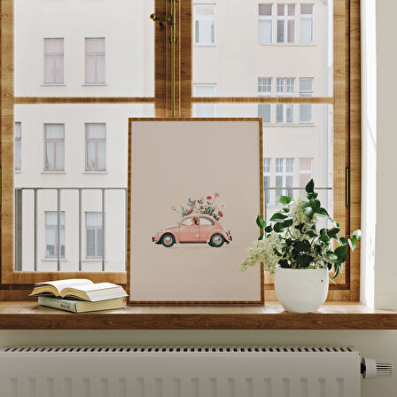 Minimalist Pembe Araba Posteri, Minimalist Sanat, Pembe Duvar Sanatı, Seyahat Posteri