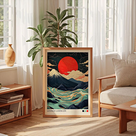Japon Dalgası ve Dağ Posteri, Japon Duvar Sanatı, Japandi Duvar Sanatı, Japon Manzarası
