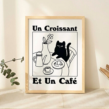 Fransız Cafe Kruvasan Kedi Baskı, Retro İçecek Posteri, Bistro Kahve Posterleri, Un Cafe Sil Vous Plait