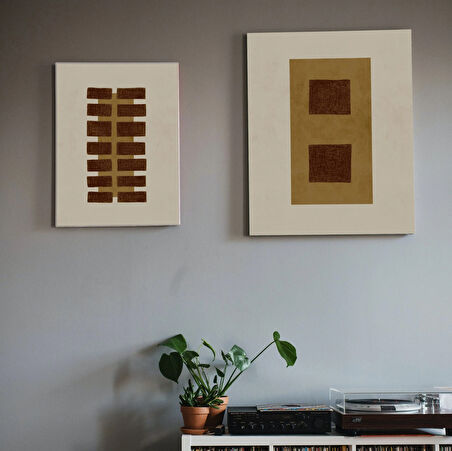 Geometrik Sanat 2'li Set, Bej Kahverengi Zeytin Yeşili Toprak Tonları Duvar Sanatı: 2'li Soyut Posterler Seti