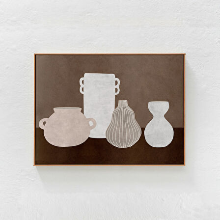 Vazolar: Duvar Sanatı, Modern İskandinav Oturma Odası Dekoru. Kahverengi bej nötr tonlarda yatay sanat.