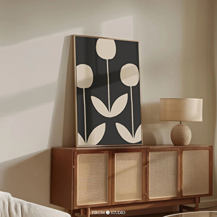 Soyut Çiçekli Orta Yüzyıl Modern Duvar Sanatı, Bej ve Siyah Ofis Siyahı