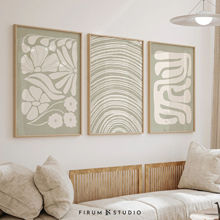 Adaçayı Yeşili Soyut, Japandi, Boho 3'lü Set, Hafif Estetik Sanat