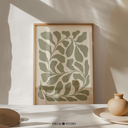 Soyut Botanik Yaprak Sanatı, Adaçayı Yeşili ve Bej Akdeniz Sanatı