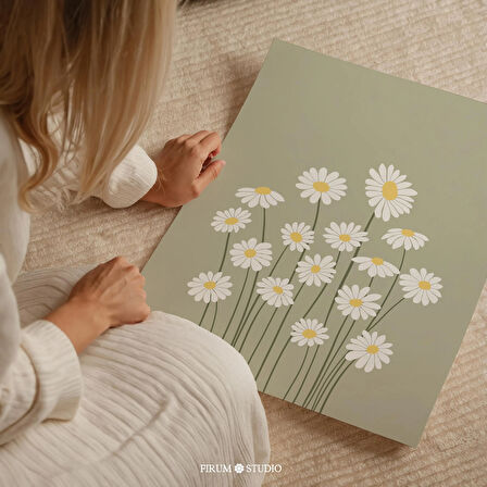 Adaçayı Yeşili Papatyalar Duvar Sanatı