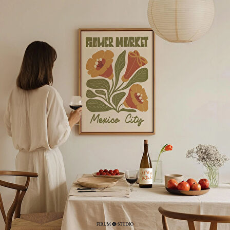 Mexico City Çiçek Pazarı Duvar Sanatı, Sıcak Tonlarda Soyut Çiçek Duvar Dekoru