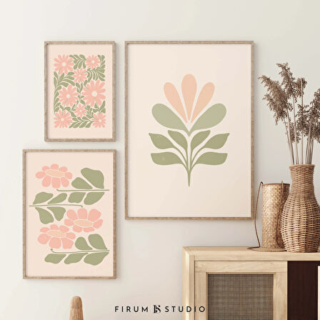 Adaçayı Yeşili Şeftali Sanatı, 3'lü Duvar Sanatı Seti, Pastel Duvar Dekoru, Bohem Botanik Seti