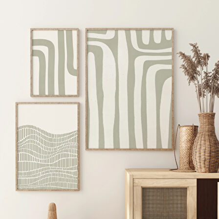 Adaçayı Yeşili Seti, 3'lü Duvar Sanatı Seti, 3'lü Set, Adaçayı Yeşili Dekor, Fırça Darbeleri Sanatı