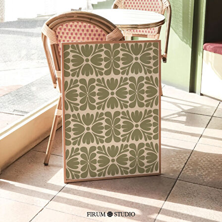 Adaçayı Yeşili Soyut Çiçekli Karo Duvar Sanatı