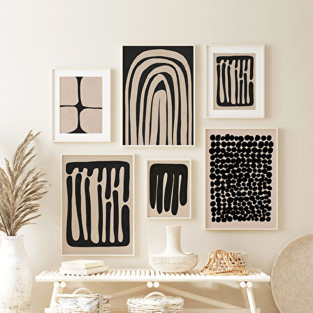 6'lı Duvar Sanatı Seti, Bej Siyah Duvar Sanatı, Sanat, Modern Oda Dekoru, Soyut Şekiller Sanatı