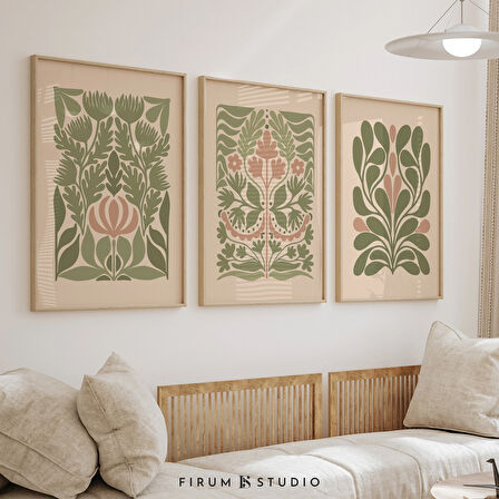 Adaçayı Yeşili Botanik, 3'lü Set, Soyut Botanik, Sanat, 3 Parçalı Duvar Sanatı