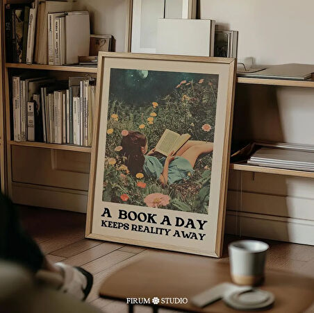Günde Bir Kitap Gerçekliği Uzak Tutar Sanatı, Retro Bohem Kitap Sever Duvar Sanatı