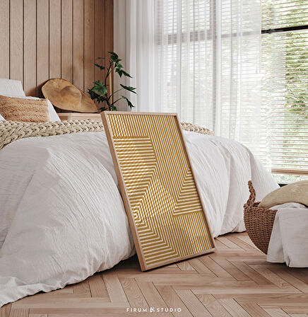 Hardal Sarısı Geometrik Çizgili Duvar Sanatı, Boho Duvar Dekoru