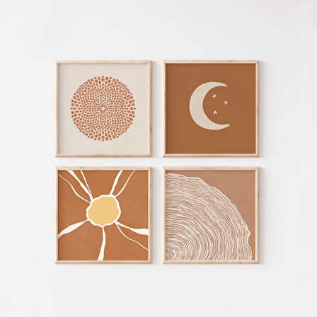 Boho 4'lü Set, Kare Duvar Sanatı Seti, Toprak Tonlarında Duvar Sanatı, Bohem Duvar Dekoru