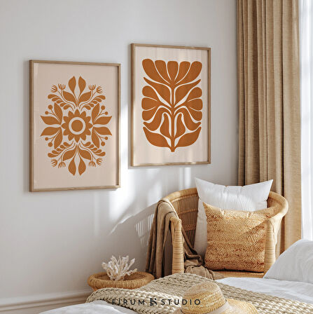 2 Parçalı Botanik Duvar Sanatı, Sıcak Tonlar, Soyut Botanik