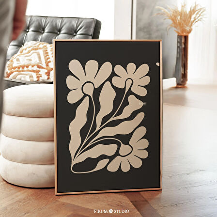 Kasvetli Siyah ve Bej Soyut Çiçek Sanatı, Botanik Duvar Dekoru