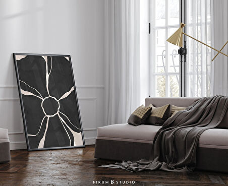 Siyah ve Bej Çiçek Sanatı, Duvar Sanatı, Organik Minimalist, Soyut Botanik