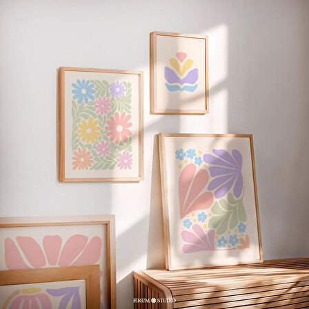 Danimarka Pastel 3'lü Sevimli Çiçekli Posterler Seti, Pastel Çiçekler Galeri Seti