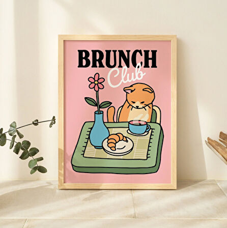 Retro Kedi Mutfak Baskısı, Brunch Club Cafe Posteri, Pembe Kedi İllüstrasyonu, Sevimli Yemek Odası Baskıları