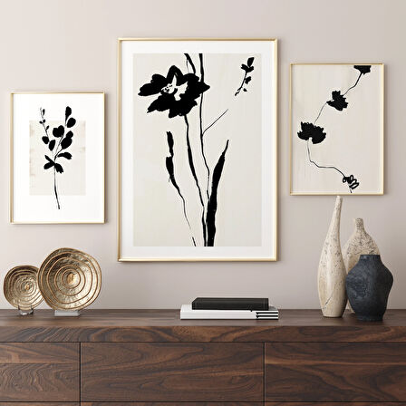 Botanik Set, Minimalist Galeri, 3'lü Set, Bej Siyah, Soyut Botanik