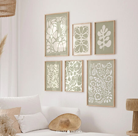 6 Parçalı Sönük Yeşil Soyut Çiçekli Duvar Sanatı, Adaçayı Yeşili Estetik