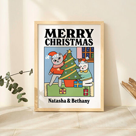 ÖZEL Mutlu Noeller Kedi Baskısı, Sevimli Kişiselleştirilmiş Noel Dekoru, Noel 2024, Kişiye Özel İsimli Hediye