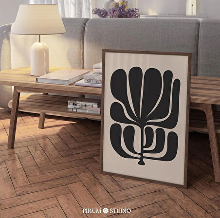 Modern Çiçekli Bej ve Siyah, Soyut Botanik Açıklamalı Oturma Odası Duvar Dekoru |