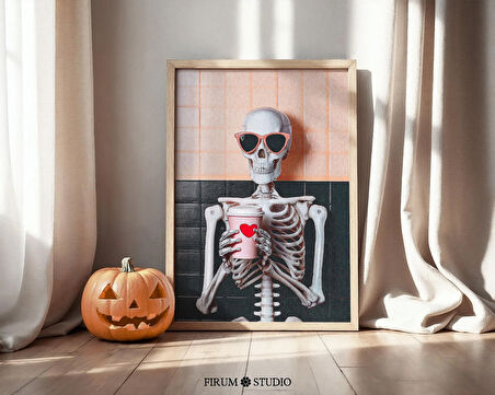 Kahve İçen İskelet Duvar Sanatı, Retro Cadılar Bayramı Duvar Dekoru