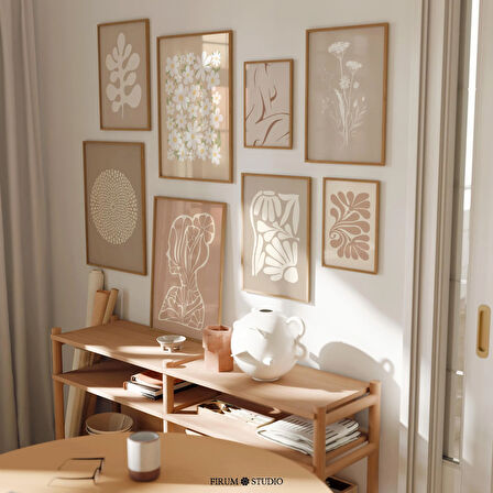 Nötr Bej Estetik 8'li Set - Modern Oturma Odaları İçin Minimalist Soyut Botanik Sanatı | Eklektik ve Hafif Duvar Galerisi |