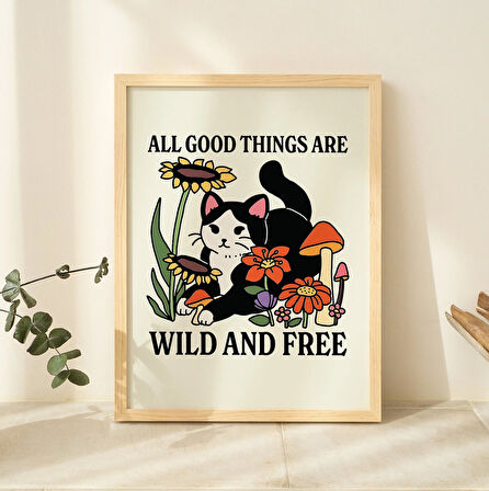 Retro Vahşi Çiçek Kedi Posteri, Botanik Baskı, Vahşi Çocuk Sözü, Çiçek Posteri
