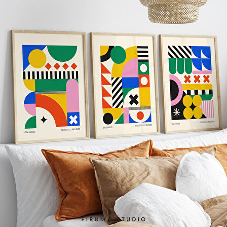 3'lü Geometrik Bauhaus Duvar Sanatı Seti, Parlak Renkler