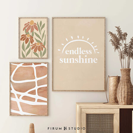 Boho 3'lü Set, Hafif Estetik Sanat, Galeri Duvar Seti, Sıcak Tonlar, 3'lü Duvar Sanatı Seti