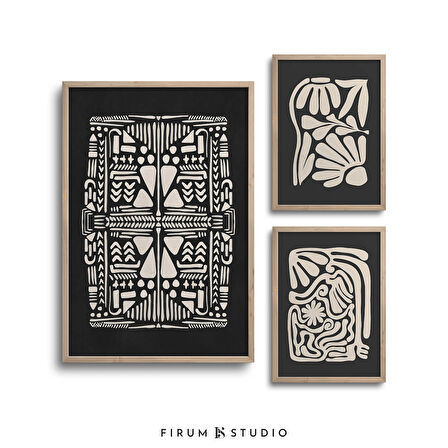 Siyah ve Bej Sanat, 3'lü Duvar Sanatı Seti, Botanik, Sanat, Organik Şekiller