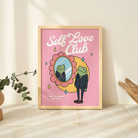 Çerçeveli Pembe Kendini Sevme Kurbağası Baskısı, Retro Y2K İllüstrasyonu, Kız Yurdu Estetiği Çerçeveli Posterler, Çerçeveli Duvar Dekoru