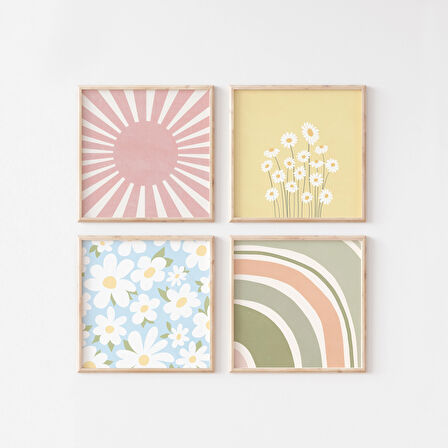 Kare Duvar Sanatı Seti, Danimarka Pastel Dekoru, 4'lü Set, Renkli Duvar Sanatı, Duvar Sanatı