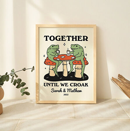 ÇERÇEVELİ Özel Kahve Kurbağası Baskısı, Kişiye Özel Çift Hediyesi, Retro Mantar İllüstrasyonu, Yıldönümü Hediye Fikri, Siyah