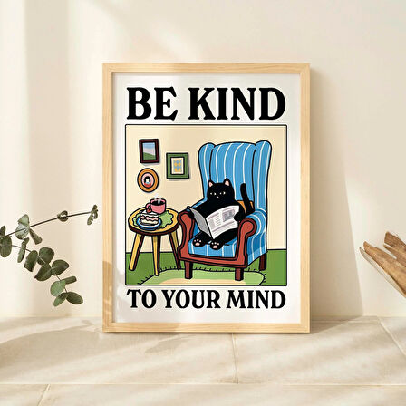 ÇERÇEVELİ Be Kind Cat Baskısı, Sevimli Siyah Kedi İllüstrasyonu, Zihninize Posterler, Sınıf Yurt Dekoru