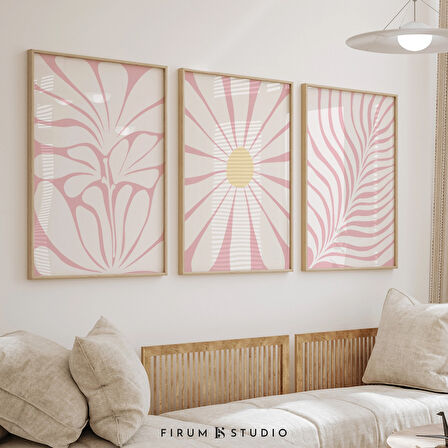 Soluk Pembe 3'lü Sanat Seti, Soyut Botanik Duvar Galerisi Seti