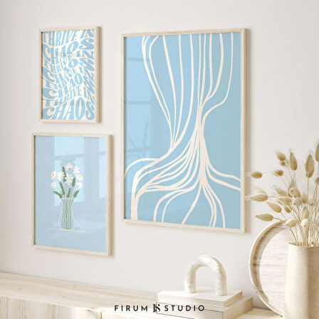 Gök Mavisi 3'lü Sanat Seti, Pastel Estetik Duvar Galerisi Seti