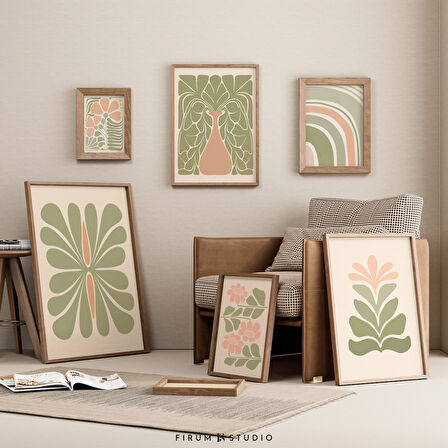 Adaçayı Yeşili ve Allık Boho Stili 8'li Set, Soyut Botanik Pastel Yeşil Eklektik Galeri Seti |