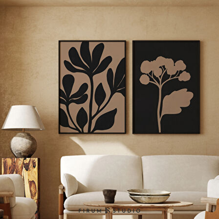 Siyah Bej 2'li Set, Botanik, Soyut Çiçek Sanatı, Bohem 2'li Set, Galeri Duvarı