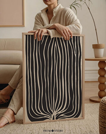 Loft Estetiği için Orta Yüzyıl Modern Bej ve Siyah Soyut Çizgiler Poster | Vurgu Duvarları için Büyük Sanat |