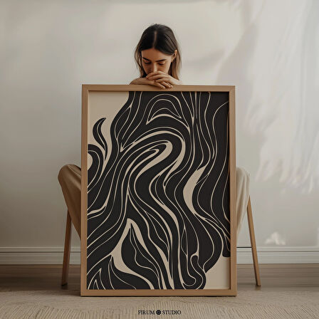 Büyük Bej ve Siyah Soyut Organik Çizgiler Sanatı - Kasvetli Oturma Odaları İçin Orta Yüzyıl Modern |