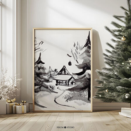 Siyah Beyaz Kış Manzarası Sanatı - Modern Evler İçin Minimalist Estetik | Soyut Kış Sanatı ve Nötr Noel Dekoru |