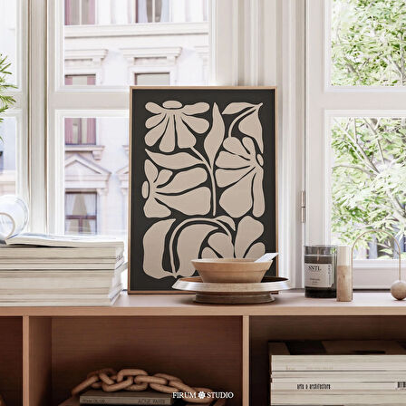 Estetik Daireler İçin Kasvetli ve Karanlık Soyut Çiçekli, Modern Duvar Dekoru | Bej ve Siyah Botanik Sanatı |