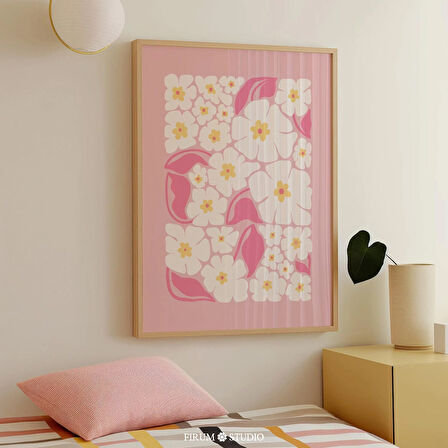 Pastel Pembe Estetik Çiçekli Duvar Sanatı, Renkli Bohem Çiçek Sanatı