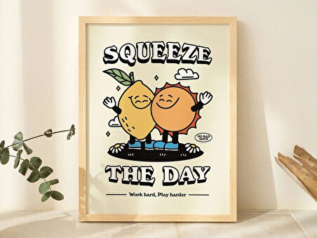 ÇERÇEVELİ Squeeze the Day Baskısı, Retro Pozitiflik Alıntı Duvar Sanatı, 70'ler Sanat İllüstrasyonu, Motivasyonel