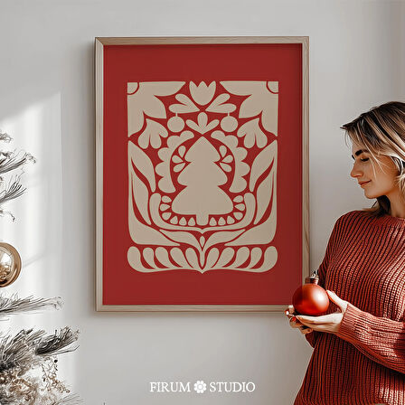 Kırmızı Bej İskandinav Noel Duvar Sanatı, Maksimalist Halk Tatil Posteri