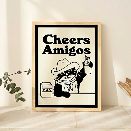 ÇERÇEVELİ Cheers amigos, Retro İçecek Posteri, Kovboy Kedi Süt Posterleri, Kovboy Kedi Baskısı, Mutfak Dekoru